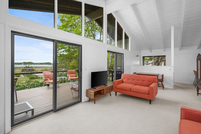 128 Whippoorwill Cir, Mashpee, MA 02649 - living room with carpet flooring, beam ceiling, and high vaulted ceiling