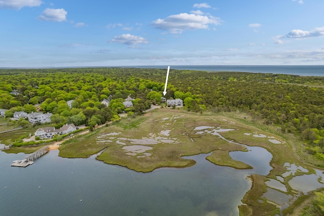 128 Whippoorwill Cir, Mashpee, MA 02649 - aerial view of property and surrounding area with a heavily wooded area and a large body of water