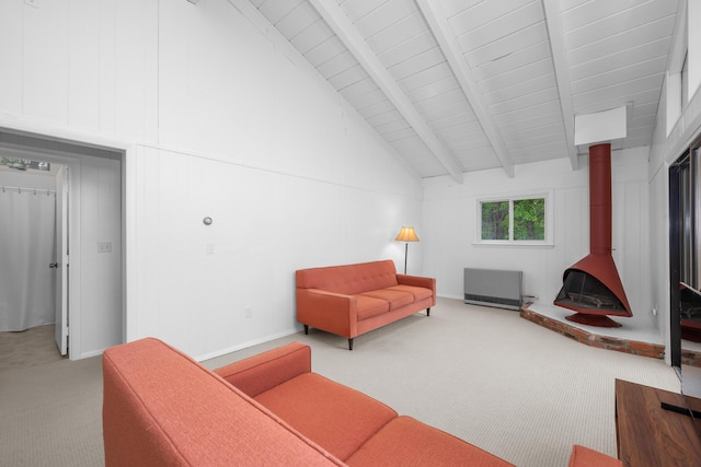 128 Whippoorwill Cir, Mashpee, MA 02649 - carpeted living area featuring a wood stove, baseboards, and wooden ceiling