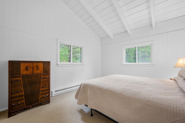 128 Whippoorwill Cir, Mashpee, MA 02649 - bedroom featuring a baseboard heating unit, multiple windows, carpet floors, and wood ceiling