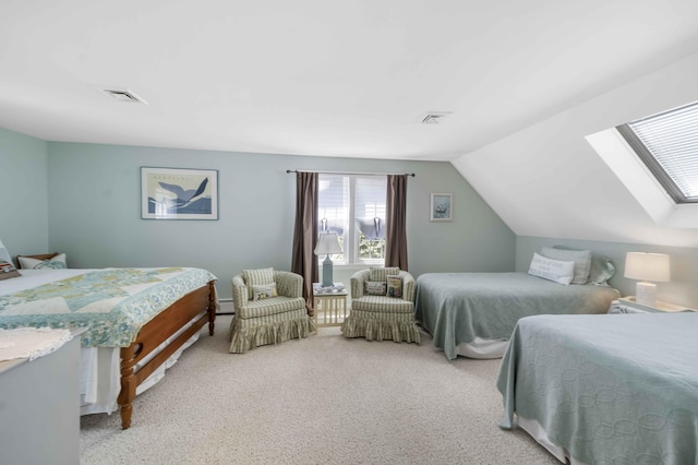 4 Square Rigger Ln, Hyannis, MA 02601 - bedroom featuring light colored carpet, a baseboard radiator, lofted ceiling, and a skylight