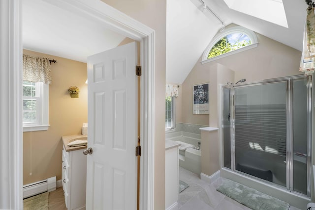 4 Square Rigger Ln, Hyannis, MA 02601 - full bathroom with baseboard heating, a skylight, a stall shower, lofted ceiling, and a garden tub