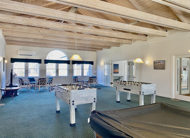 4 Square Rigger Ln, Hyannis, MA 02601 - game room with carpet floors, a wall mounted AC, and a wood ceiling with exposed beams