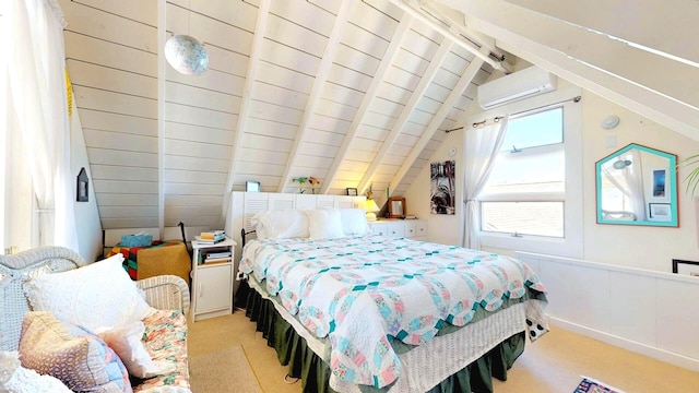 bedroom with light carpet, wooden walls, a wall unit AC, and vaulted ceiling with beams