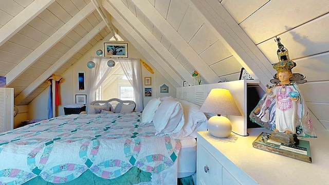 bedroom with vaulted ceiling with beams and wood ceiling