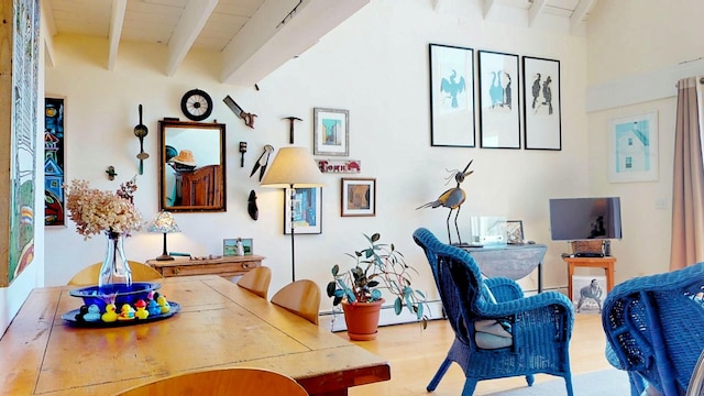 interior space with wooden ceiling, hardwood / wood-style floors, and beam ceiling