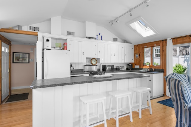 5 Highland Ln, Harwich Port, MA 02646 - kitchen featuring freestanding refrigerator, vaulted ceiling, track lighting, stove, and a skylight