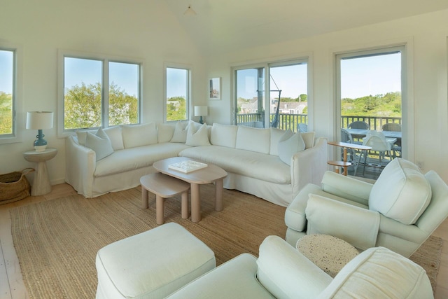 living room with light hardwood / wood-style flooring and lofted ceiling