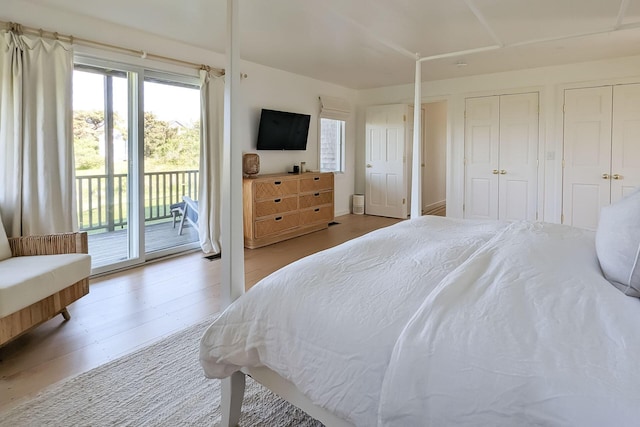 bedroom featuring access to exterior and light hardwood / wood-style floors