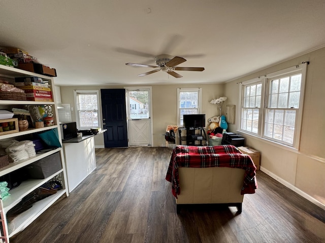 living room featuring crown molding, plenty of natural light, and dark wood-type flooring