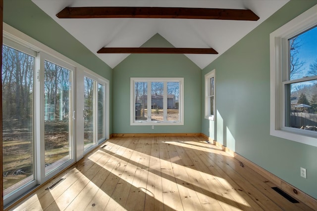 4 Inkberry Cir, Sandwich, MA 02563 - unfurnished sunroom with visible vents, baseboards, hardwood / wood-style floors, and lofted ceiling with beams