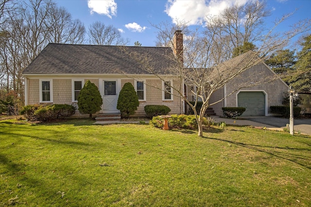 4 Inkberry Cir, Sandwich, MA 02563 - view of front of home with a front yard, a shingled roof, an attached garage, a chimney, and driveway