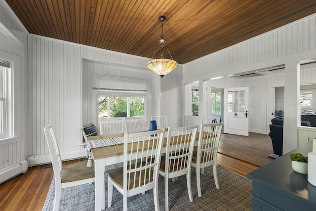 dining area featuring wooden walls, baseboard heating, wooden ceiling, and wood-type flooring