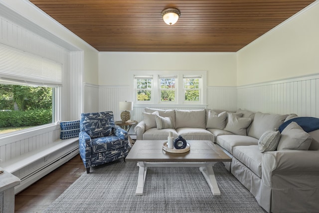 living room with crown molding, baseboard heating, wooden ceiling, and dark hardwood / wood-style flooring