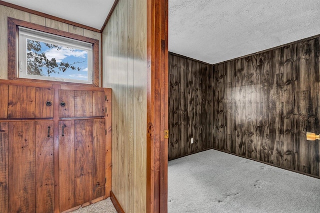 carpeted foyer entrance featuring wooden walls and a textured ceiling