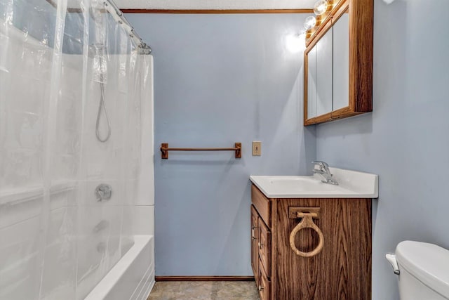 full bathroom with vanity, shower / tub combo with curtain, and toilet