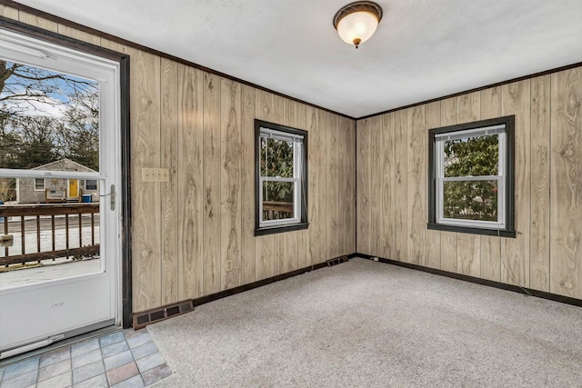 spare room featuring ornamental molding and wooden walls