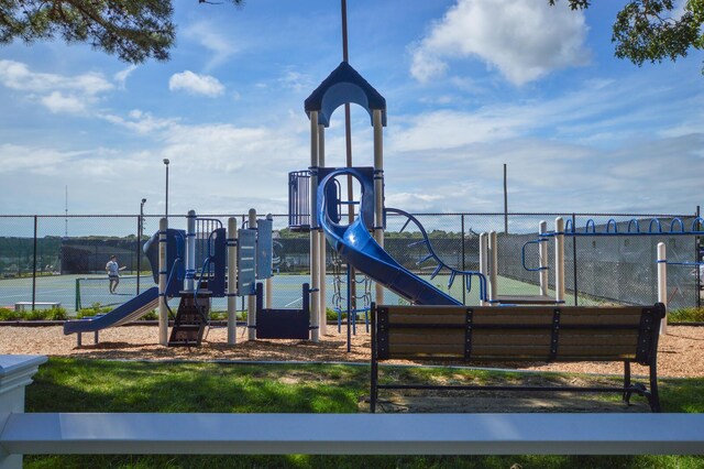 view of play area featuring a water view