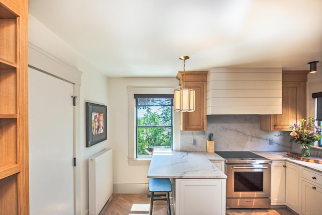 3 Carver Ct, Provincetown, MA 02657 - kitchen with electric stove, premium range hood, a peninsula, backsplash, and a breakfast bar area