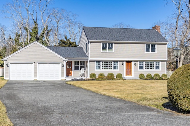 colonial house with driveway, roof with shingles, an attached garage, a front yard, and a chimney