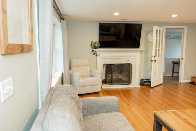 living room featuring wood finished floors, a fireplace with raised hearth, and recessed lighting