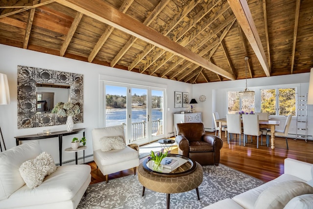 living area featuring a water view, wooden ceiling, vaulted ceiling with beams, and a wealth of natural light