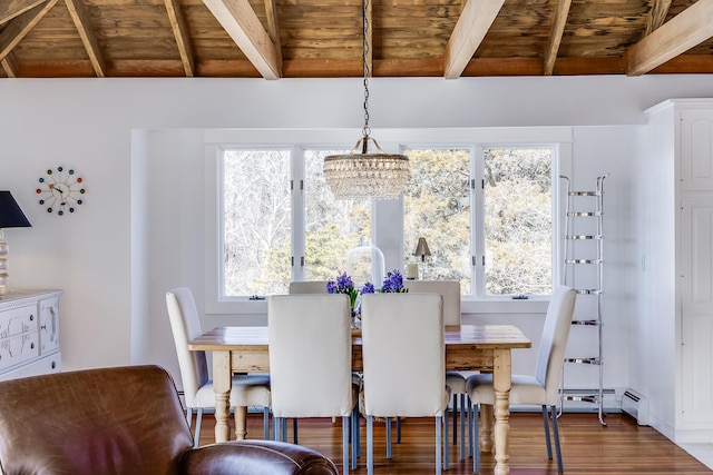 dining space featuring lofted ceiling with beams, dark wood-style floors, wood ceiling, and plenty of natural light