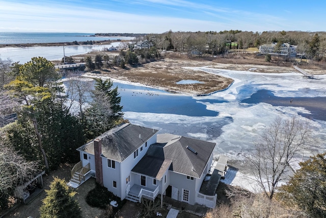 aerial view featuring a water view