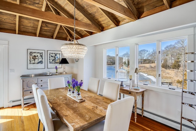 dining room featuring a baseboard heating unit, dark wood-type flooring, lofted ceiling with beams, and wooden ceiling