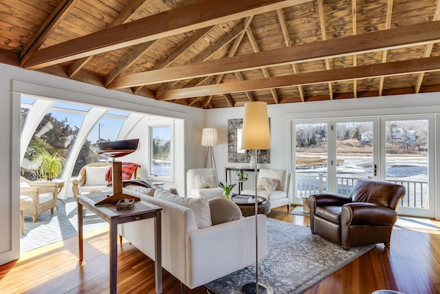 sunroom / solarium with wood ceiling and vaulted ceiling with beams