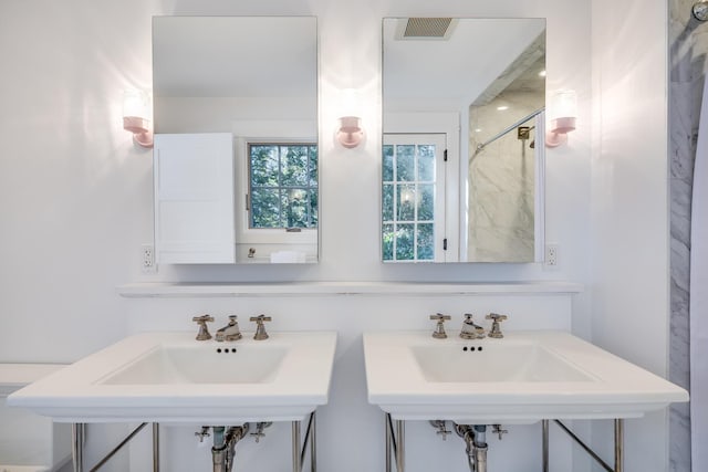 bathroom with visible vents, a sink, and a shower stall