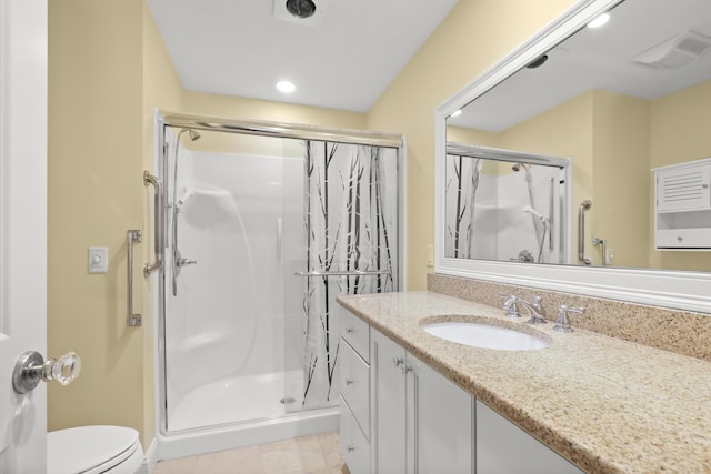 21 Pine St Unit 1Au, North Falmouth, MA 02556 - bathroom with a shower stall, vanity, tile patterned flooring, and recessed lighting
