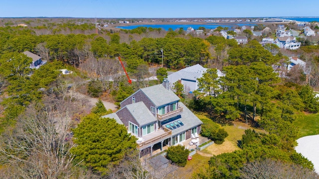 bird's eye view with a water view