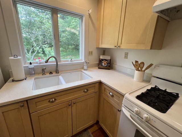27 Long View Dr, Orleans, MA 02653 - kitchen with white range with gas cooktop, extractor fan, a sink, and light countertops