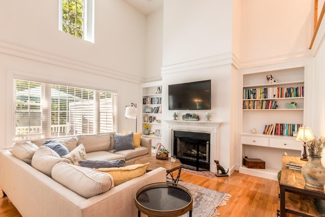 15 Hampton Ct, Mashpee, MA 02649 - living area featuring a towering ceiling, wood finished floors, a fireplace with flush hearth, and built in shelves