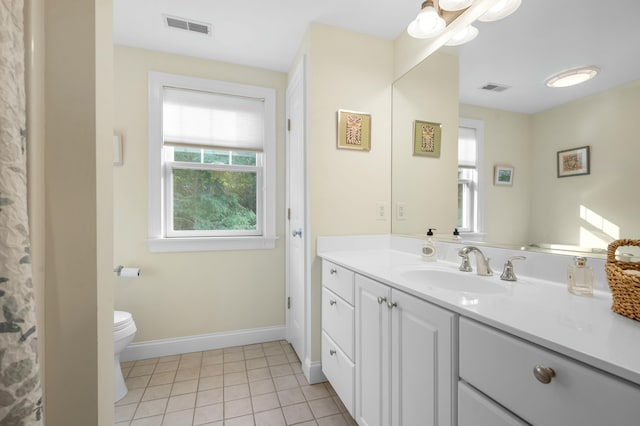 bathroom featuring visible vents, vanity, toilet, and tile patterned floors