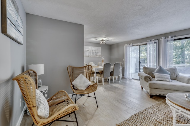 living room with light hardwood / wood-style floors and a textured ceiling