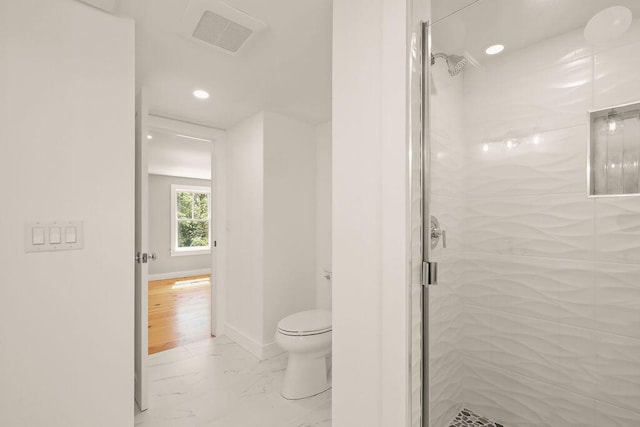 2 Little Cove Ln, Orleans, MA 02653 - full bath with a shower stall, toilet, recessed lighting, and marble finish flooring