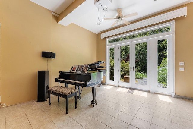 23 Crowell Ln, Tisbury, MA 02568 - sitting room featuring french doors, a ceiling fan, and light tile patterned flooring