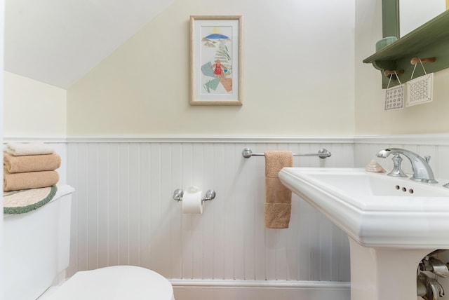 23 Crowell Ln, Tisbury, MA 02568 - half bath with a wainscoted wall and vaulted ceiling