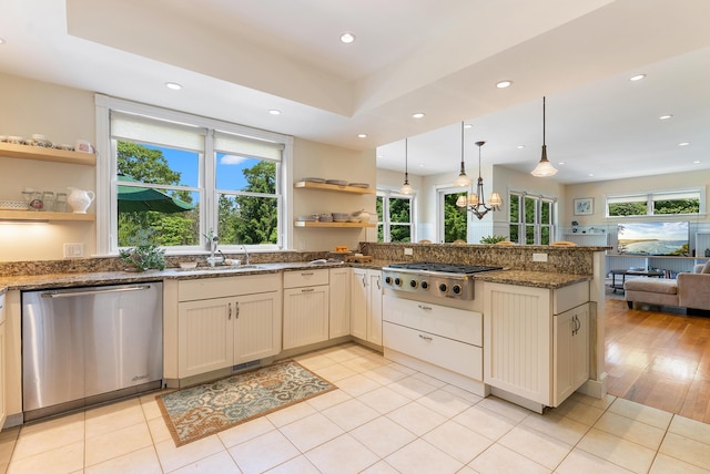23 Crowell Ln, Tisbury, MA 02568 - kitchen featuring stainless steel dishwasher, open shelves, gas stovetop, open floor plan, and recessed lighting