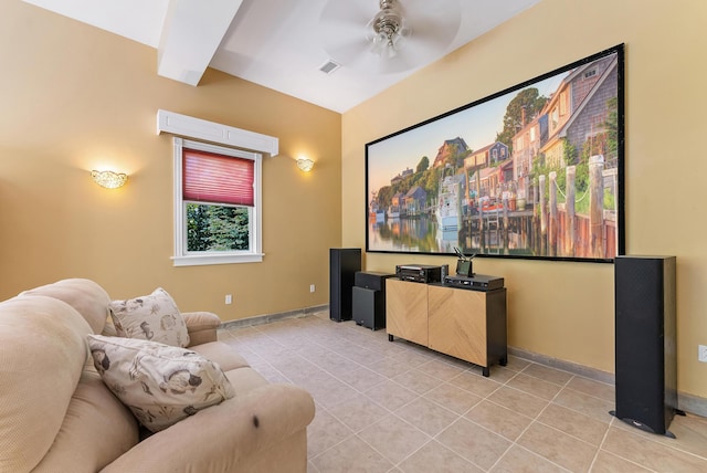 23 Crowell Ln, Tisbury, MA 02568 - home theater room with light tile patterned floors and a ceiling fan