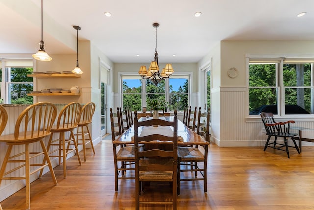 23 Crowell Ln, Tisbury, MA 02568 - dining space with a chandelier, a wainscoted wall, light wood-type flooring, plenty of natural light, and recessed lighting