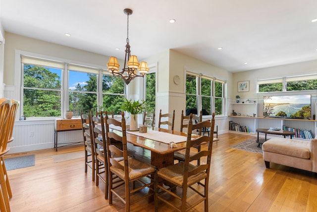 23 Crowell Ln, Tisbury, MA 02568 - dining area with a decorative wall, a wainscoted wall, light wood-style floors, a chandelier, and recessed lighting