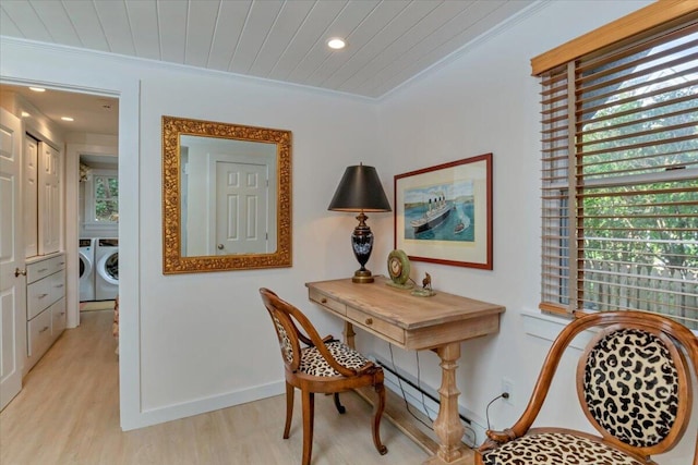 44 Commercial St, Provincetown, MA 02657 - office area featuring crown molding, washer and clothes dryer, plenty of natural light, light wood-type flooring, and recessed lighting