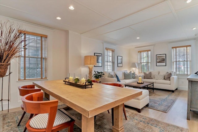 44 Commercial St, Provincetown, MA 02657 - dining space featuring light wood finished floors, recessed lighting, and coffered ceiling