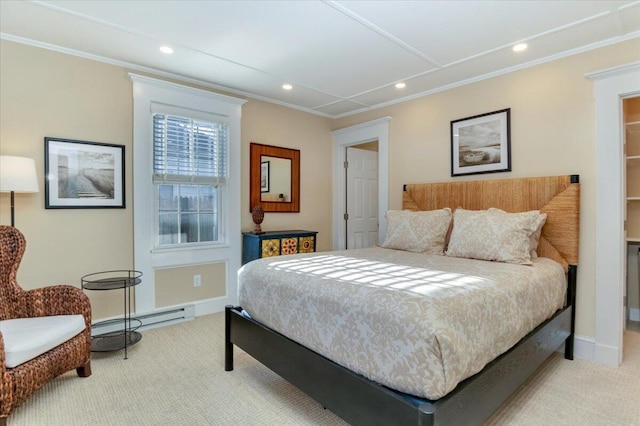 44 Commercial St, Provincetown, MA 02657 - bedroom featuring a baseboard heating unit, light carpet, recessed lighting, crown molding, and baseboards