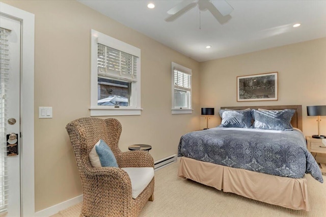 44 Commercial St, Provincetown, MA 02657 - bedroom with baseboard heating, recessed lighting, baseboards, ceiling fan, and carpet floors