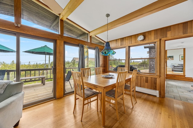 5 Great Hills Rd, Truro, MA 02666 - dining space with wood walls, light wood finished floors, a baseboard radiator, and a chandelier