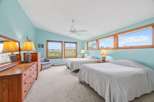 5 Great Hills Rd, Truro, MA 02666 - bedroom featuring a baseboard radiator, lofted ceiling, light carpet, and ceiling fan